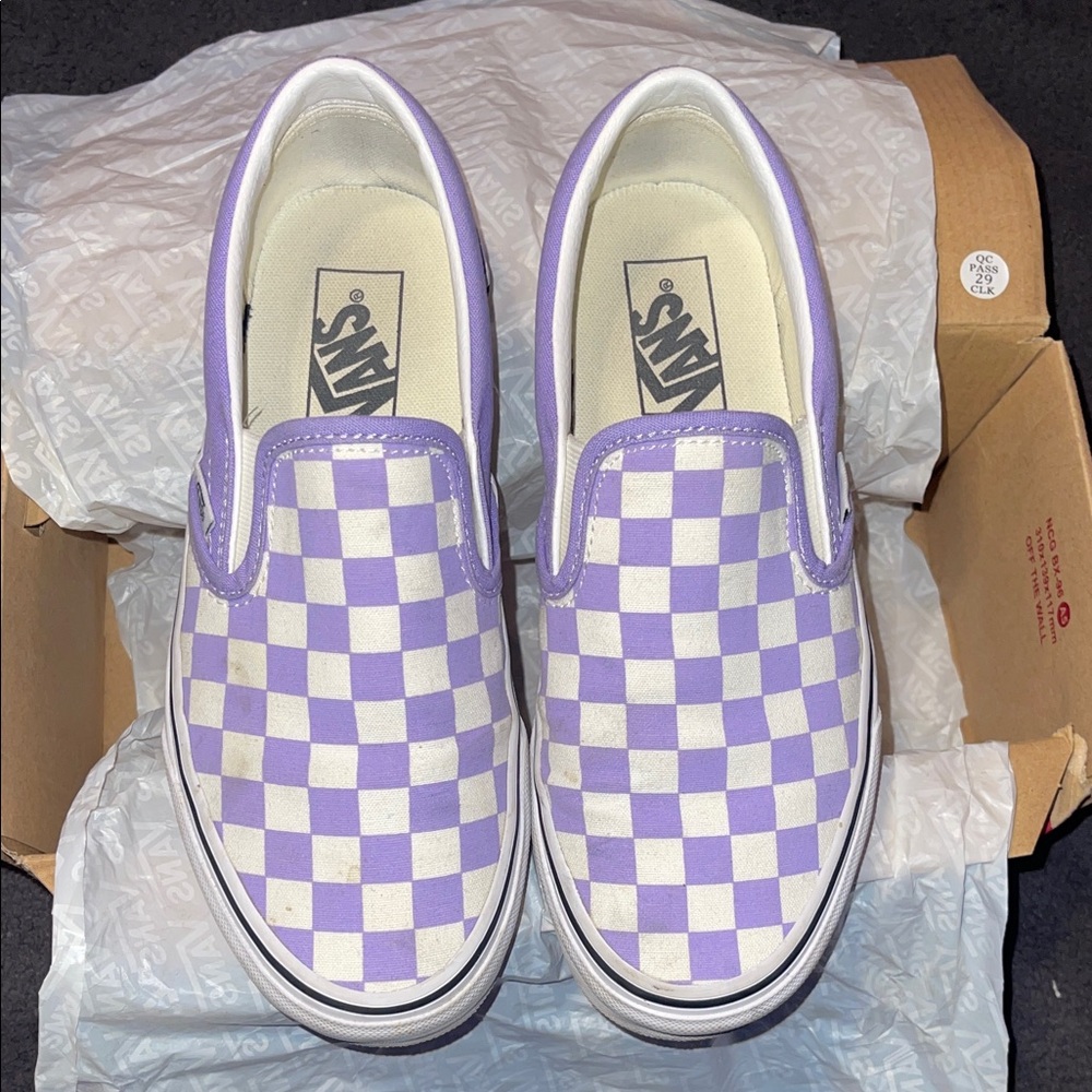 Vans Purple and White Checkered Slip-On Sneakers